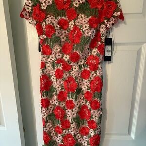 David Meister Red and Green Floral Mini Dress